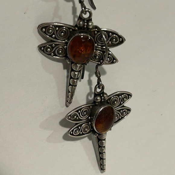 Dragonfly Silver and Amber Earrings - Picture 8 of 8
